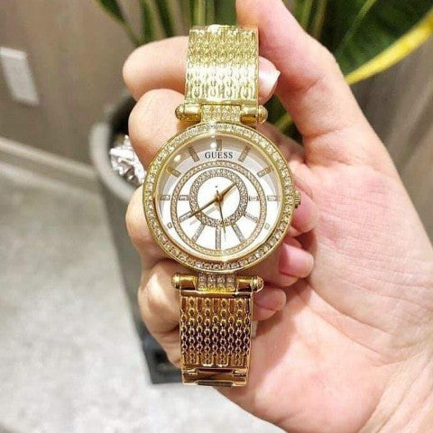 Guess Muse Crystals White Dial Rose Gold Steel Strap Watch For Women - W1008L2 Buy Now By Guess