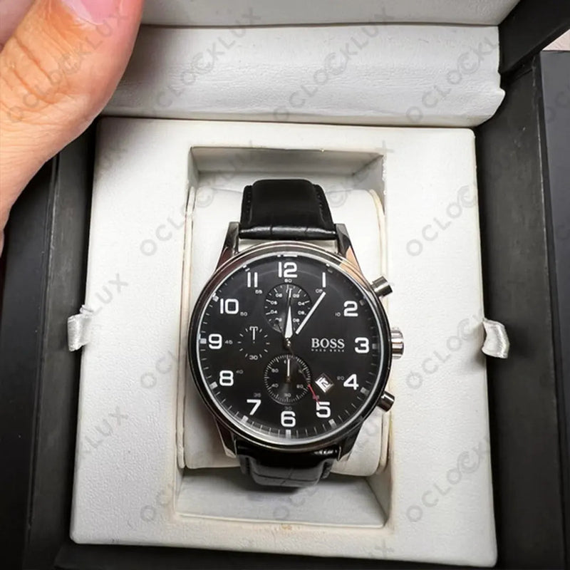 Hugo Boss Aeroliner Chronograph Quartz Black Dial Black Leather Strap Watch For Men - HB1512448 Buy Now By Hugo Boss