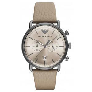 Emporio Armani Aviator Chronograph Grey Dial Beige Leather Strap Watch For Men - AR11107