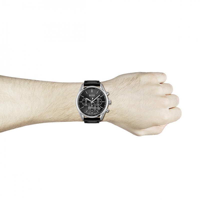Shop Hugo Boss Champion Black Dial Black Leather Strap Watch for Men - 1513816 in USA