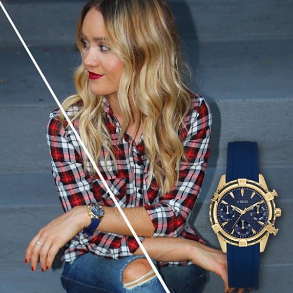 Shop Guess Catalina Blue Gold Tone Blue Silicone Strap Watch For Women - W0562L2 in USA