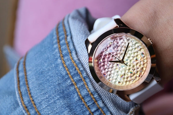 Guess Crush Crystals Gold Dial White Rubber Strap Watch for Women - W1223L3 Buy Now By Guess