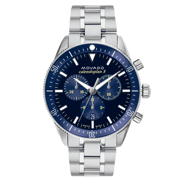 Shop Movado Heritage Calendoplan Chronograph Blue Dial Silver Steel Strap Watch For Men - 3650124 in USA