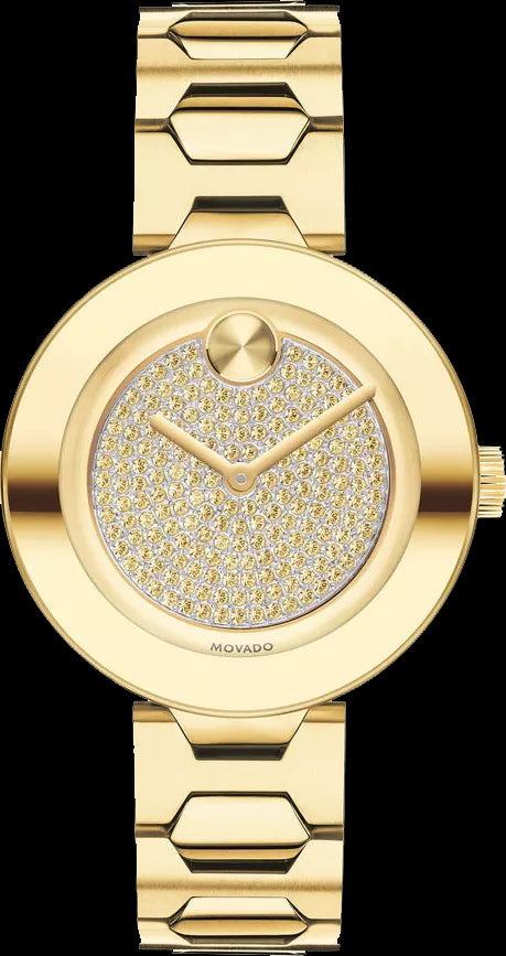 Shop Movado Bold Crystal Gold Dial Gold Steel Strap Watch For Women - 3600492 in USA
