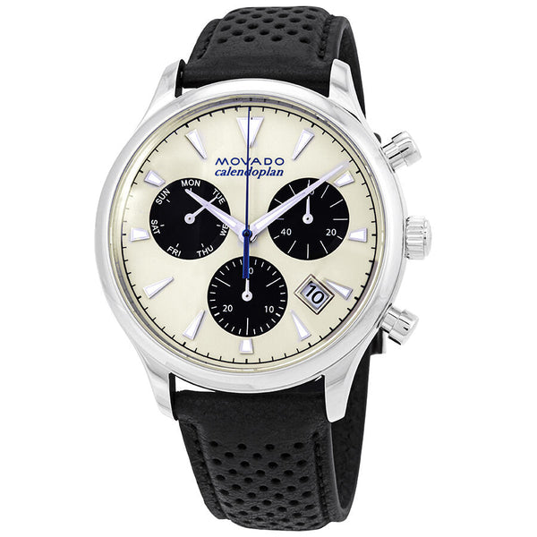 Shop Movado Heritage Calendoplan Chronograph Silver Dial Black Leather Strap Watch for Men - 3650024 in USA