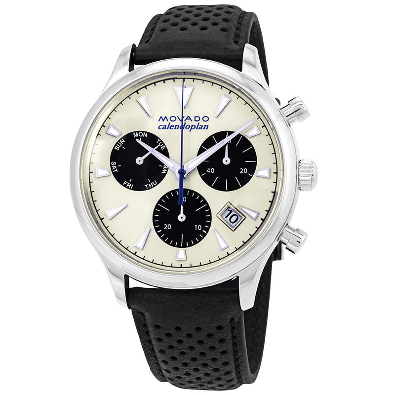 Shop Movado Heritage Calendoplan Chronograph Silver Dial Black Leather Strap Watch for Men - 3650024 in USA