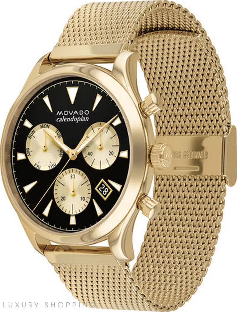 Shop Movado Heritage Calendoplan Chronograph Black Dial Gold Mesh Strap Watch for Men - 3650098 in USA