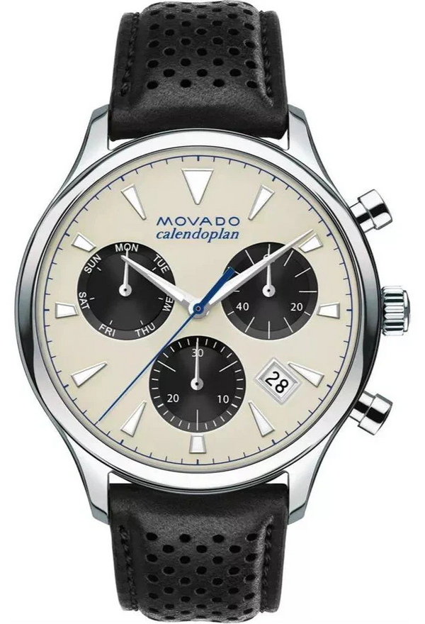 Shop Movado Heritage Calendoplan Chronograph Silver Dial Black Leather Strap Watch for Men - 3650024 in USA