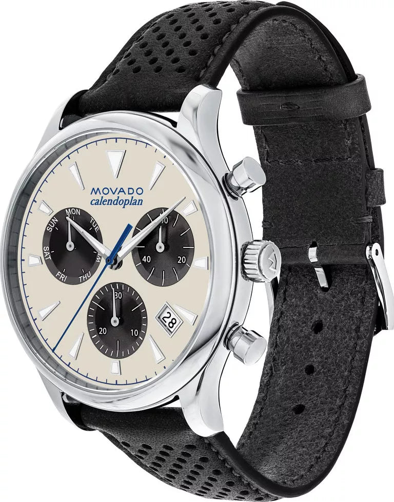 Shop Movado Heritage Calendoplan Chronograph Silver Dial Black Leather Strap Watch for Men - 3650024 in USA