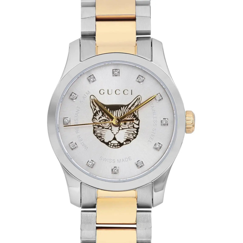 Shop Gucci G Timeless Quartz Diamonds Silver Dial Two Tone Steel Strap Watch For Women - YA1265016 in USA