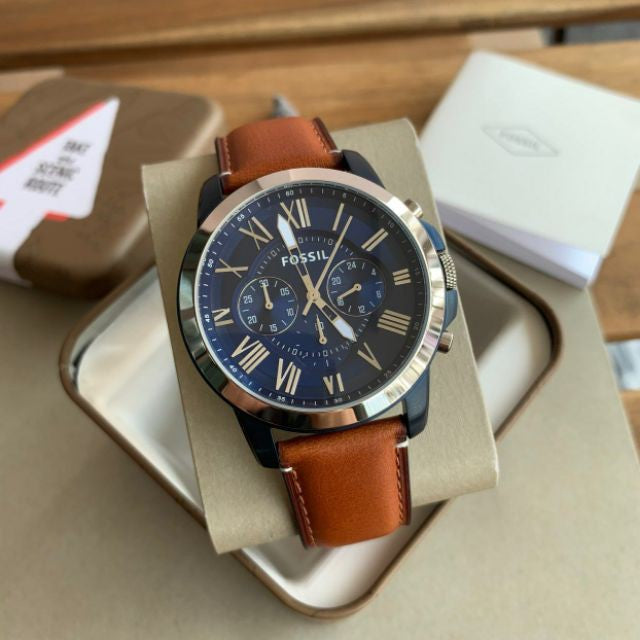 Fossil Grant Chronograph Blue Dial Brown Leather Strap Watch for Men - FS5151