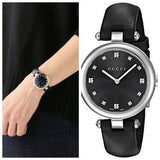Shop Gucci Diamantissima Diamonds Black Dial Black Leather Strap Watch For Women - YA141403 in USA