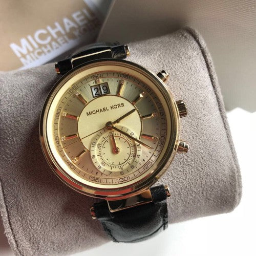 Michael Kors Sawyer Champagne Dial Black Leather Strap Watch for Women - MK2433 Buy Now By Michael Kors