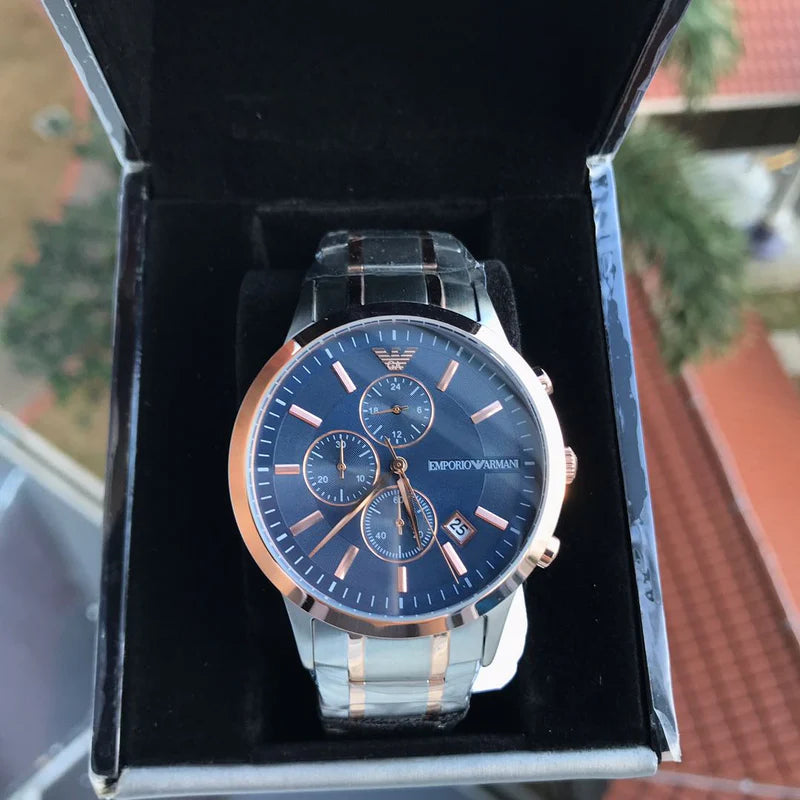 Emporio Armani Renato Chronograph Blue Dial Two Tone Steel Strap Watch For Men - AR80025