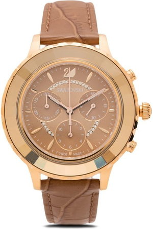 Shop Swarovski Octea Lux Chrono Brown Gold Dial Brown Leather Strap Watch for Women - 5632260 in USA