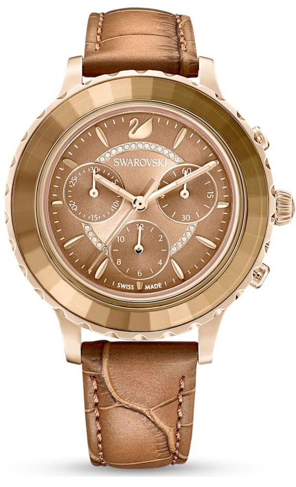 Shop Swarovski Octea Lux Chrono Brown Gold Dial Brown Leather Strap Watch for Women - 5632260 in USA