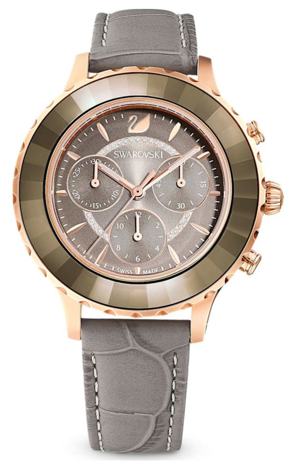 Shop Swarovski Octea Lux Chrono Grey Dial Grey Leather Strap Watch for Women - 5452495 in USA