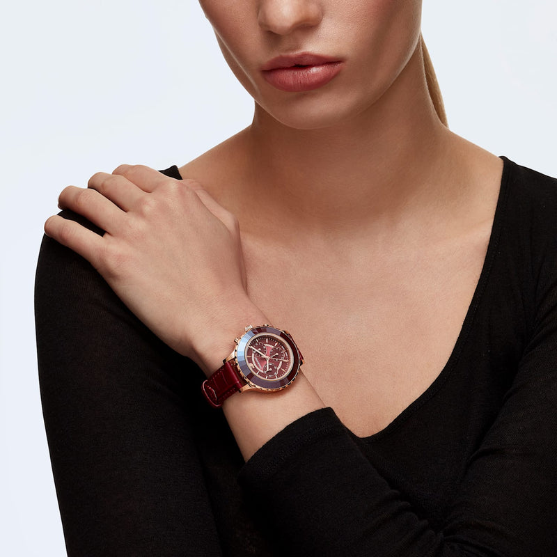 Shop Swarovski Octea Lux Chrono Red Dial Red Leather Strap Watch for Women - 5547642 in USA