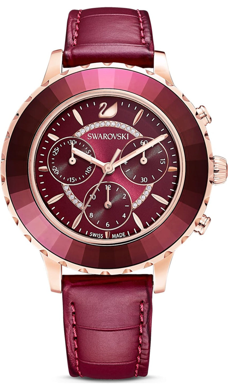 Shop Swarovski Octea Lux Chrono Red Dial Red Leather Strap Watch for Women - 5547642 in USA