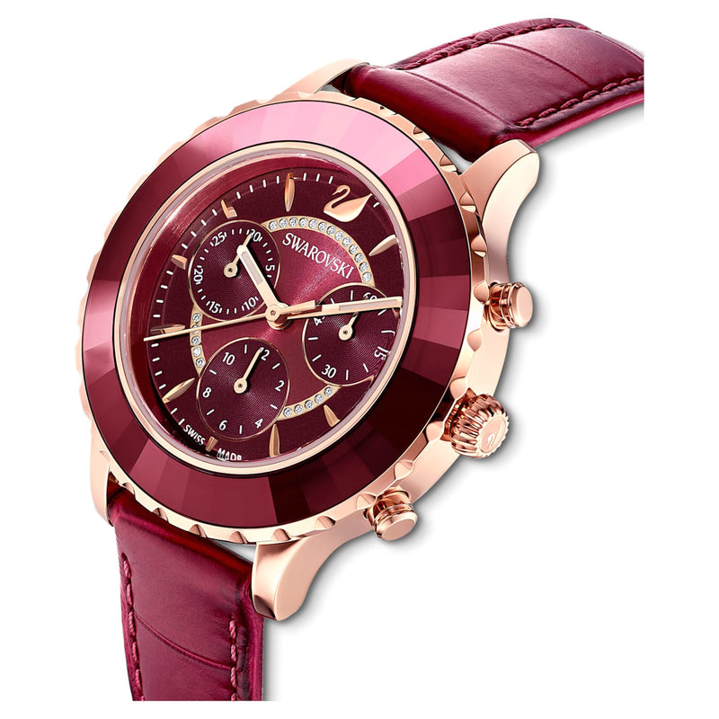 Shop Swarovski Octea Lux Chrono Red Dial Red Leather Strap Watch for Women - 5547642 in USA