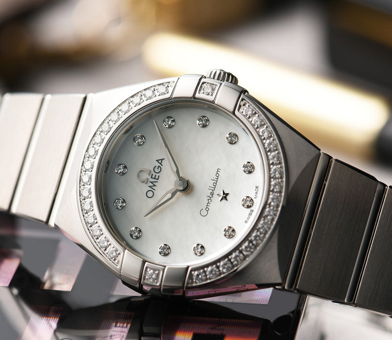 Shop Omega Constellation Manhattan Quartz Diamonds Mother of Pearl Dial Silver Steel Strap Watch for Women - 131.15.25.60.55.001 in USA