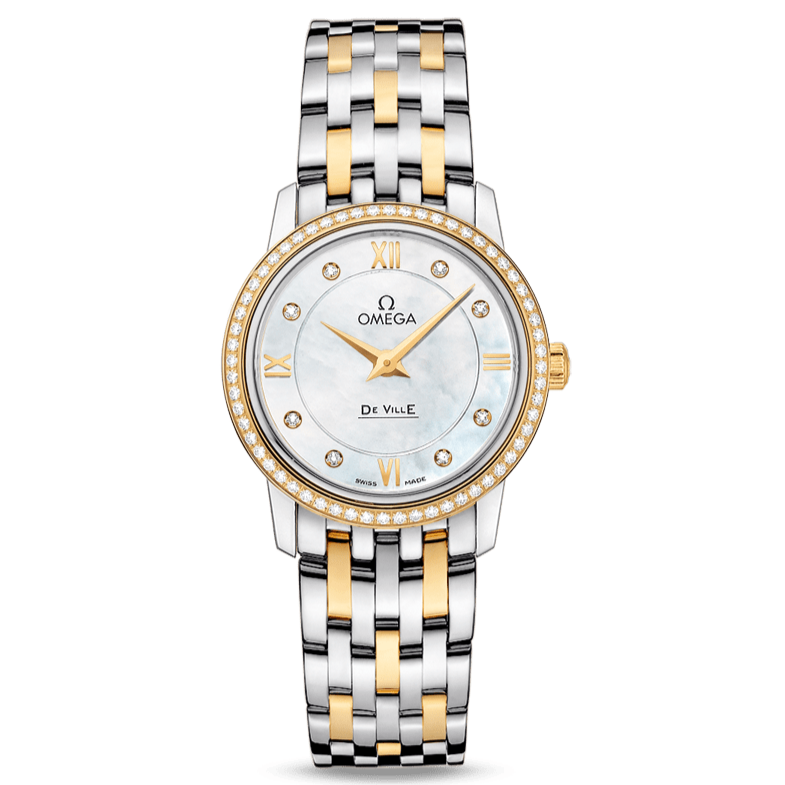 Shop Omega De Ville Prestige Quartz Diamonds Mother of Pearl Dial Two Tone Steel Strap Watch for Women - 424.25.27.60.55.001 in USA