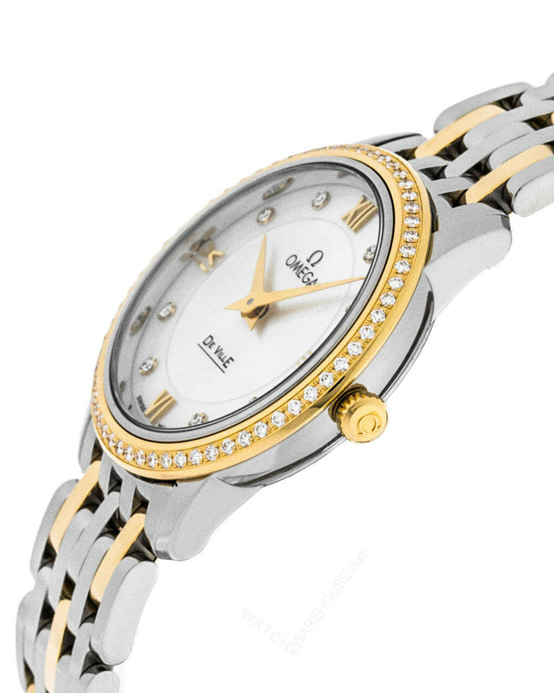 Shop Omega De Ville Prestige Quartz Diamonds Mother of Pearl Dial Two Tone Steel Strap Watch for Women - 424.25.27.60.55.001 in USA
