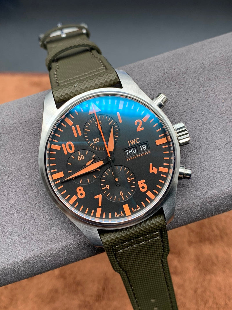 Shop IWC Pilot's Watch Chronograph Black Dial Olive Green Calfskin Strap Watch for Men - IW377730 in USA