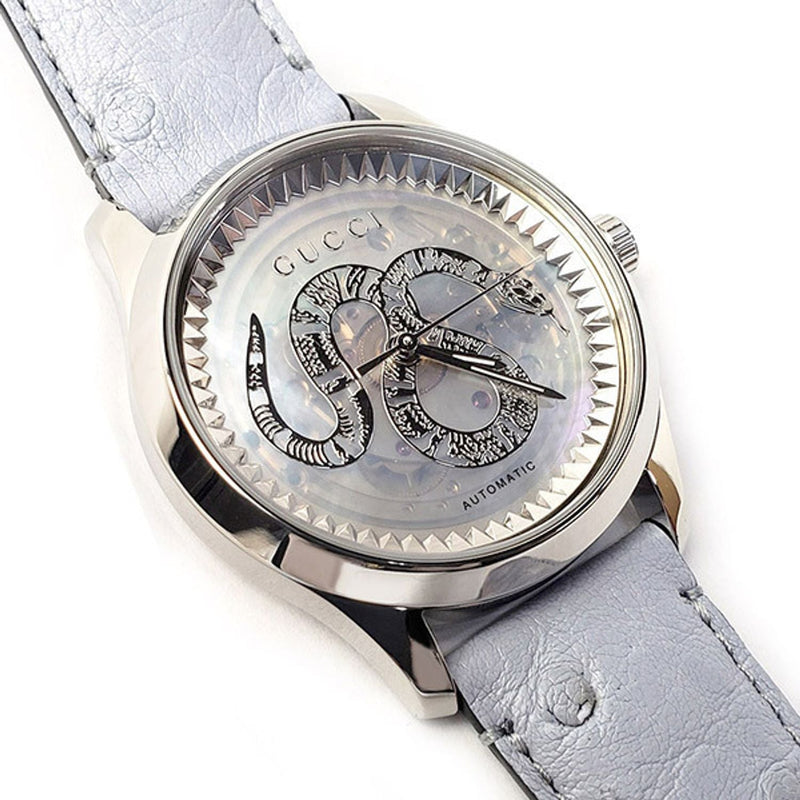 Gucci G Timeless Automatic Mother of Pearl Dial Blue Leather Strap Watch For Women - YA1264113 Buy Now By Gucci