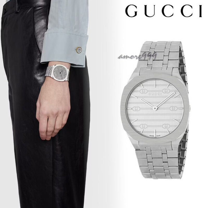 Shop Gucci 25H Quartz Silver Dial Silver Steel Strap Unisex Watch - YA163407 in USA