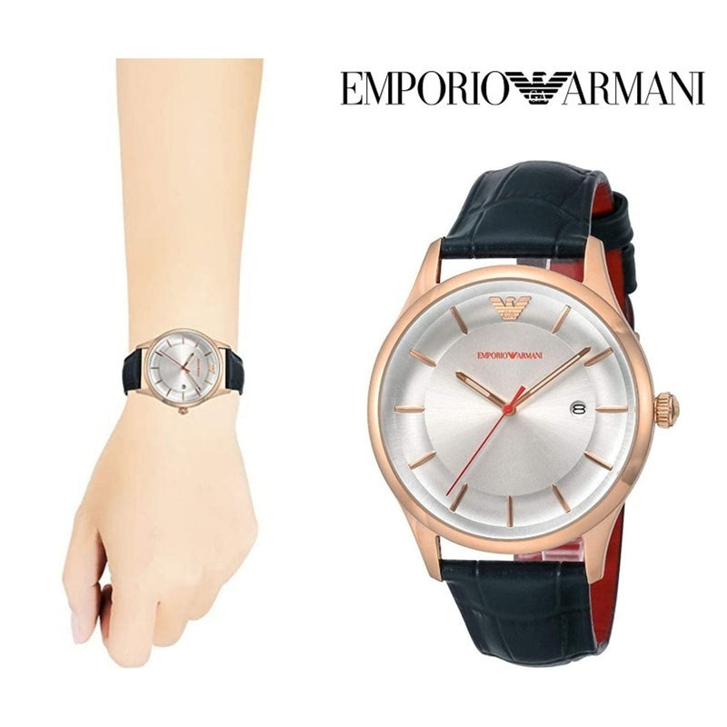 Emporio Armani Classic Silver Dial Blue Leather Strap Watch For Men - AR11131