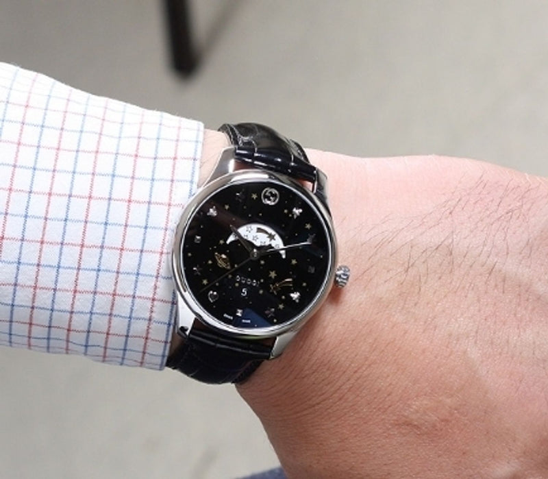 Shop Gucci G-Timeless Moonphase Black Dial Black Leather Strap Watch For Men - YA126327 in USA