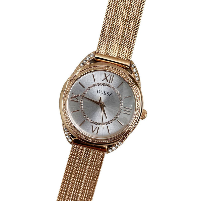 Shop Guess Whisper Silver Dial Rose Gold Mesh Bracelet Watch for Women - W1084L3 in USA
