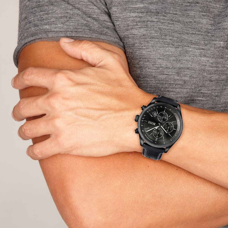 Hugo Boss Grand Prix Black Dial Black Leather Strap Watch for Men - 1513474 Buy Now By Hugo Boss