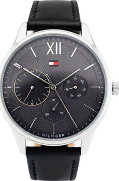 Shop Tommy Hilfiger Damon Multifunction Black Dial Black Leather Strap Watch for Men - 1791417 in USA