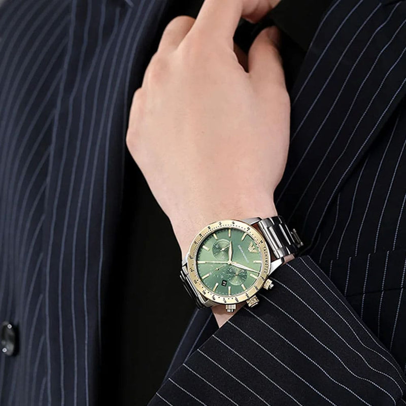 Emporio Armani Mario Chronograph Green Dial Silver Steel Strap Watch For Men - AR11454 Buy Now By Emporio Armani