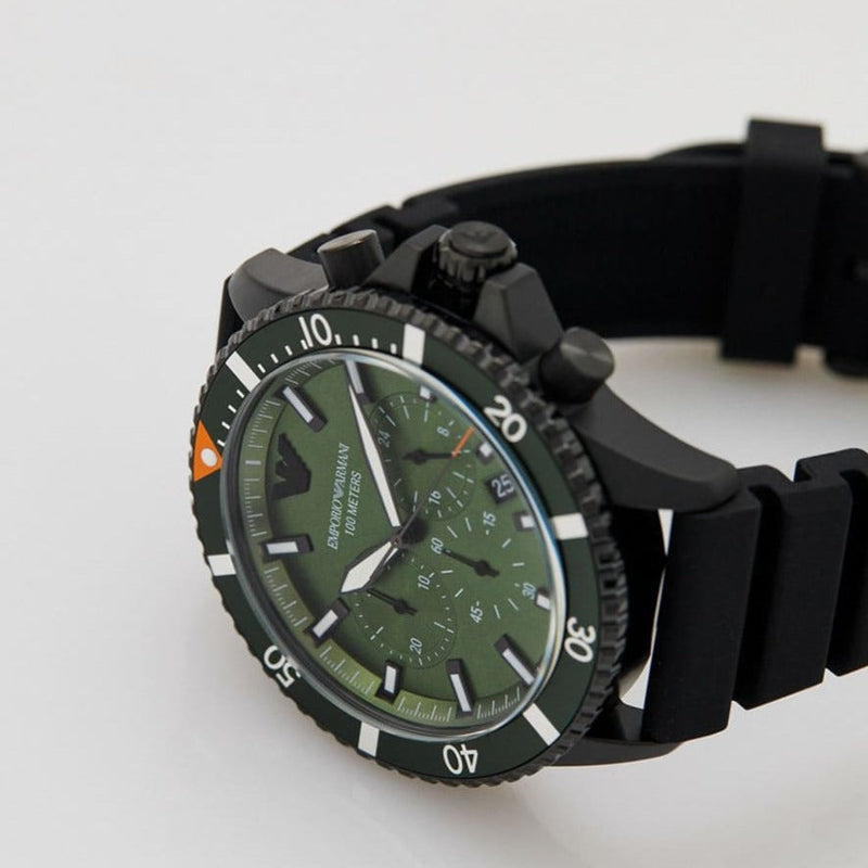 Emporio Armani Diver Chronograph Quartz Green Dial Black Silicon Strap Watch For Men - AR11463 Buy Now By Emporio Armani