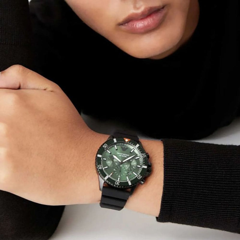 Emporio Armani Diver Chronograph Quartz Green Dial Black Silicon Strap Watch For Men - AR11463 Buy Now By Emporio Armani