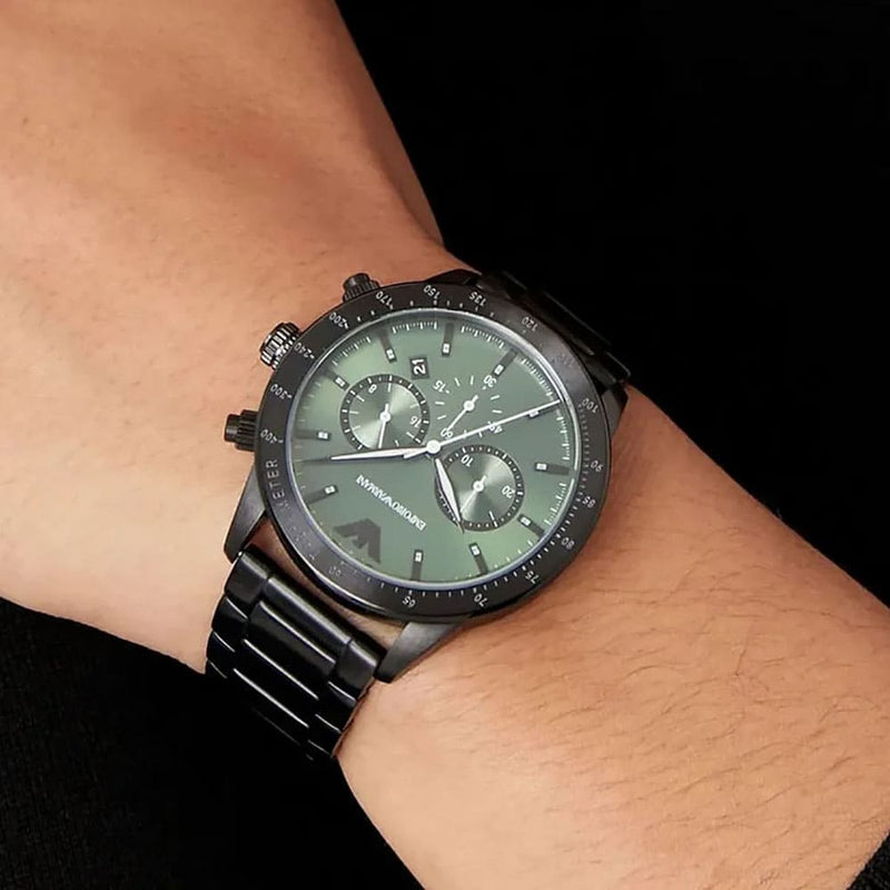 Emporio Armani Mario Chronograph Green Dial Black Steel Strap Watch For Men - AR11472 Buy Now By Emporio Armani