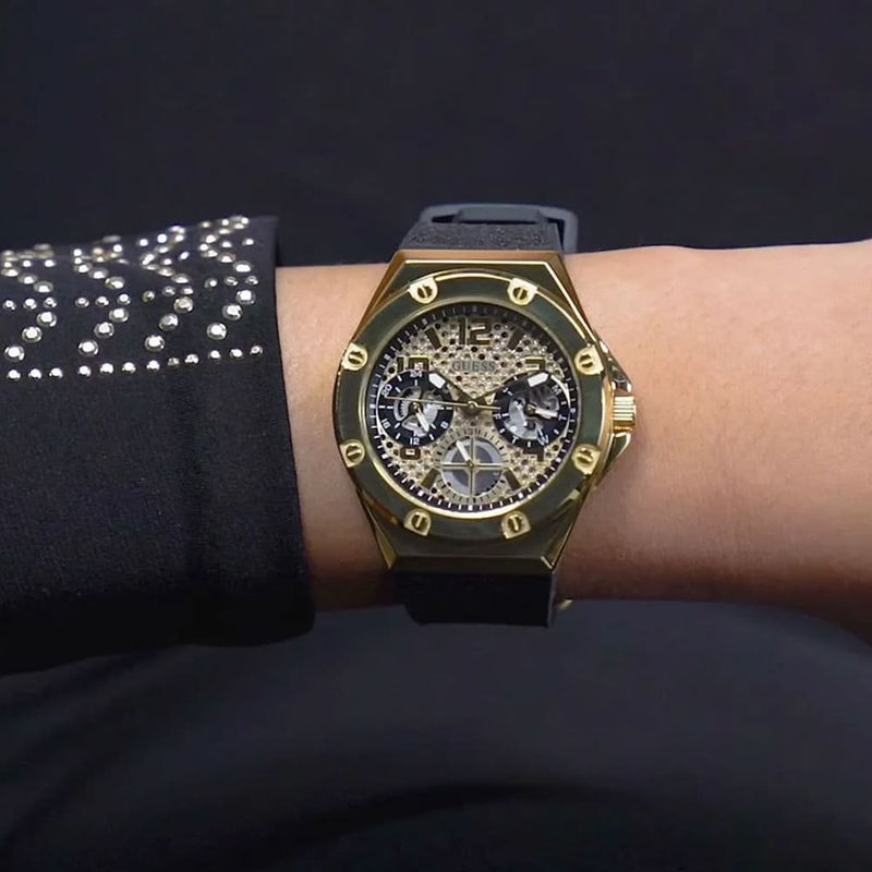 Guess Asteria Multifunction Gold Dial Black Rubber Strap Watch For Women - GW0620L2 Buy Now By Guess