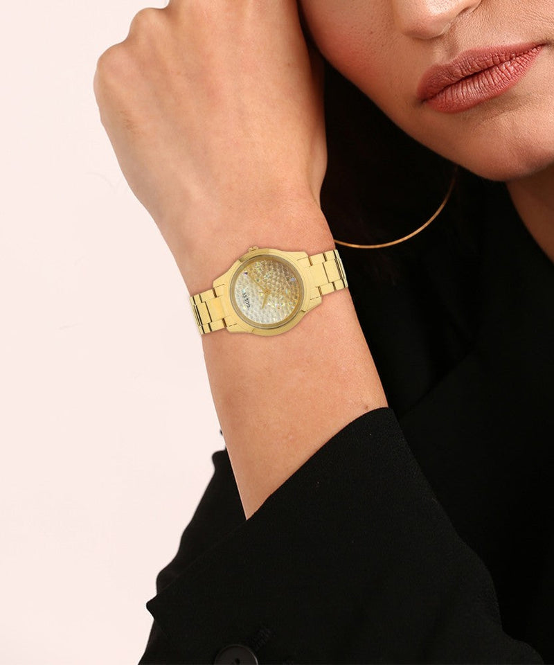 Shop Guess Crush Gold Dial Gold Steel Strap Watch For Women - GW0020L2 in USA