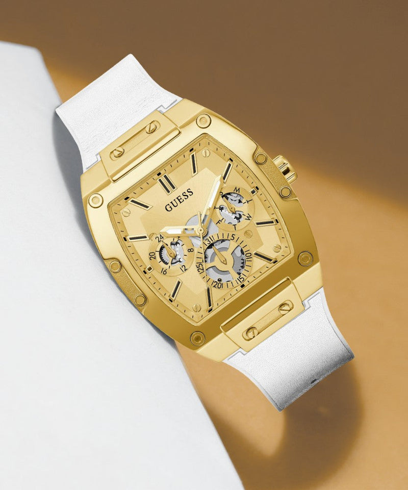 Guess Phoenix Multifunction Gold Dial White Leather Strap Watch for Men - GW0202G6 Buy Now By Guess