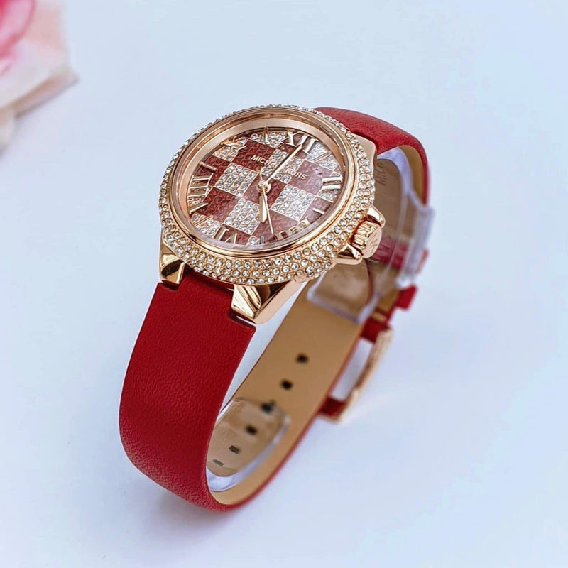 Michael Kors Camille Three Hand Crystals Rose Gold Dial Red Leather Strap Watch For Women - MK4701 Buy Now By Michael Kors
