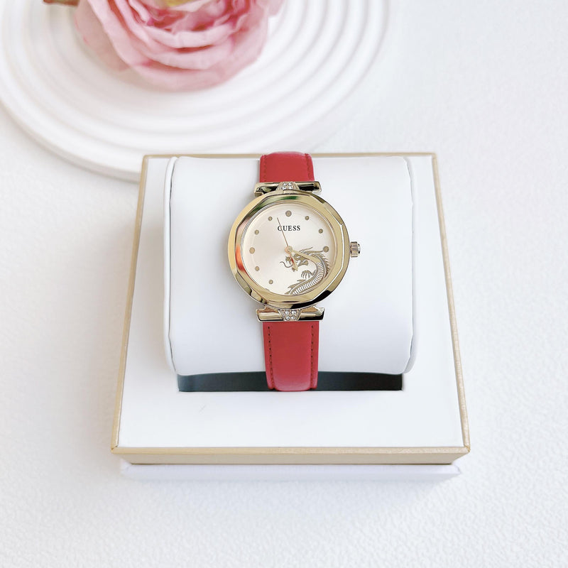 Guess Trend Dragon Gold Dial Red Leather Strap Watch For Women - GW0646L1 Buy Now By Guess