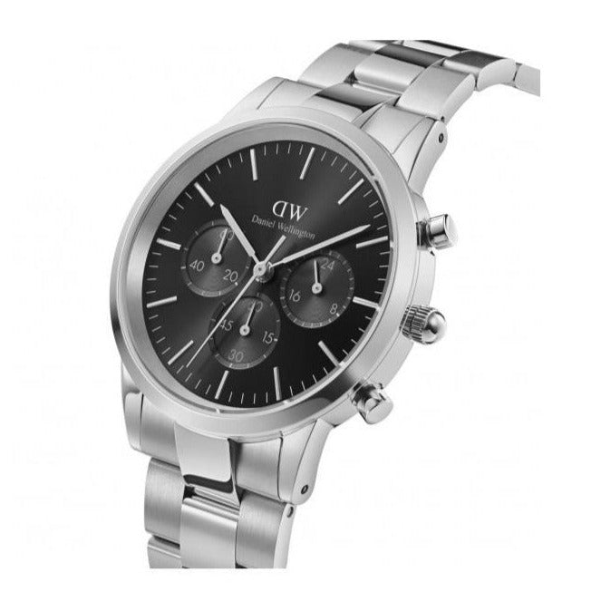 Daniel Wellington Iconic Chronograph Link Black Dial Silver Steel Strap Watch For Men - DW00100645 Buy Now By Daniel Wellington