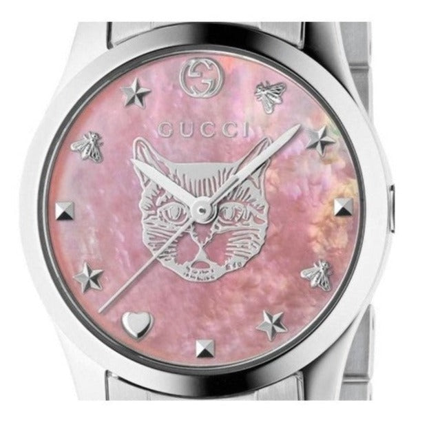 Shop Gucci G Timeless Quartz Mother of Pearl Pink Dial Silver Steel Strap Watch For Women - YA1265013 in USA