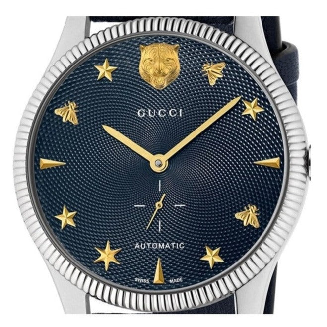 Shop Gucci G Timeless Automatic Blue Dial Black Leather Strap Watch For Men - YA126347 in USA