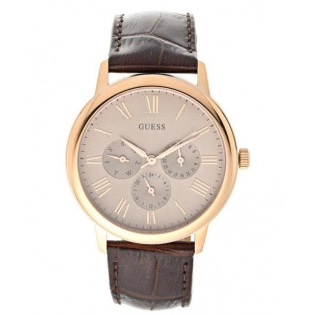 Guess Wafer Quartz Beige Dial Brown Leather Strap Watch For Men - W0496G1 Buy Now By Guess