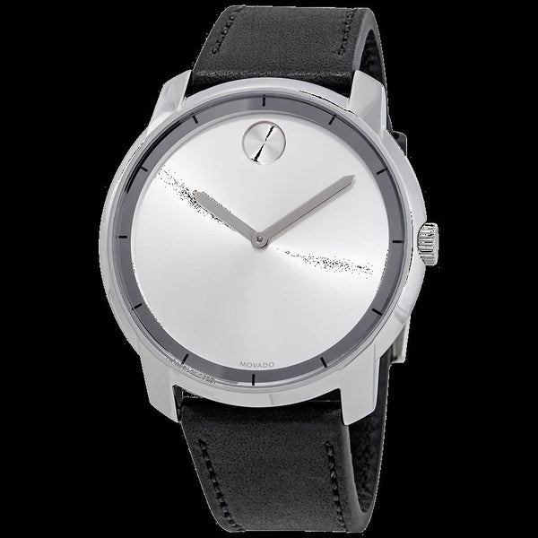 Shop Movado Bold Silver Dial Black Leather Strap Watch For Men - 3600468 in USA