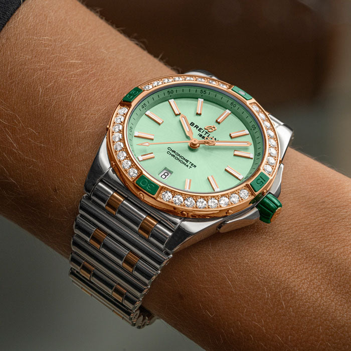 Breitling Super Chronomat Automatic 38 Diamonds Green Dial Two Tone Steel Strap Watch for Women - U17356531L1U1